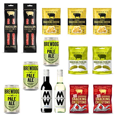Serious Pig | Pub In The Post | With Craft Beer, Wine, Crunchy Baked Italian Cheese, Salami Sticks, Pickled Gherkins & More | Delicious Savoury Pub Snacks Gift Hamper (14 Packs)